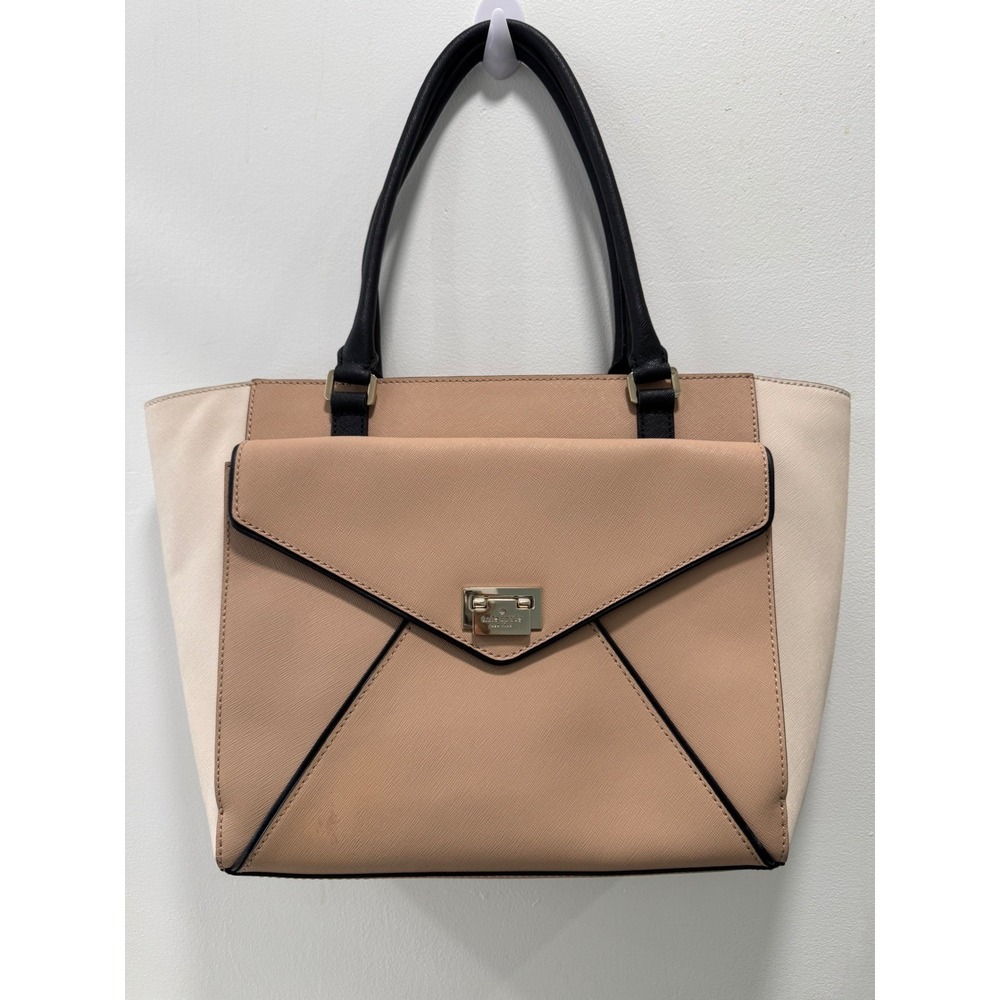 Kate Spade Tote Bag Womens Large Beige Colorblock Saffiano Leather Envelope